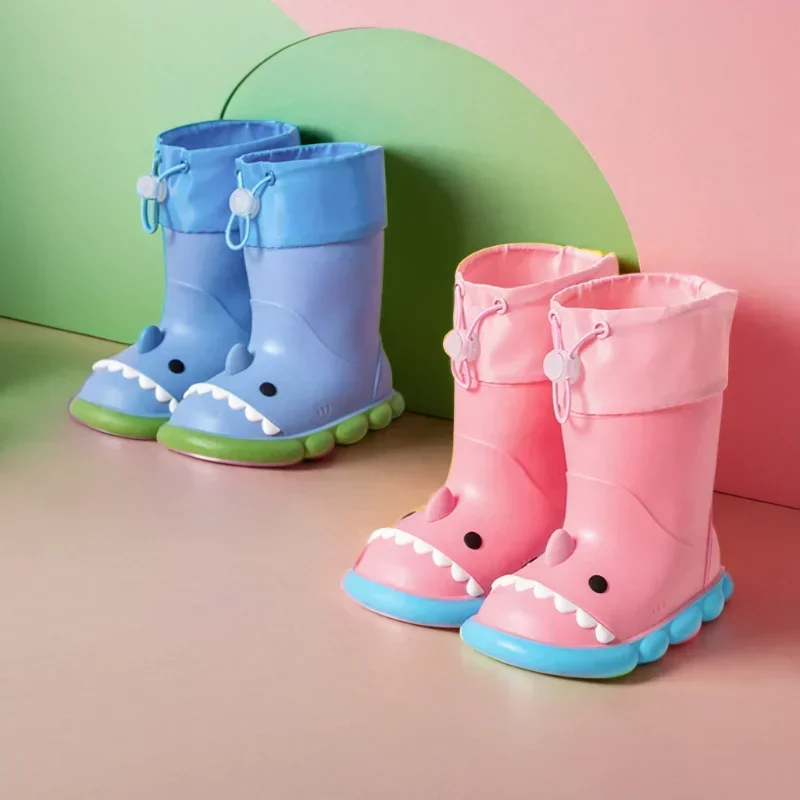 Children Rain Boots Cartoon Shark PVC Waterproof Rainshoes Todller Kids Shoes Boys Girls Water Shoes Soft Sole Anti-Slip Shoes