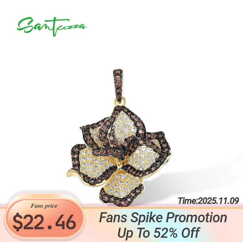

SANTUZZA Genuine 925 Sterling Silver Pendant For Women Sparkling White CZ Brown Spinel Orchid Flower Trendy Party Fine Jewelry
