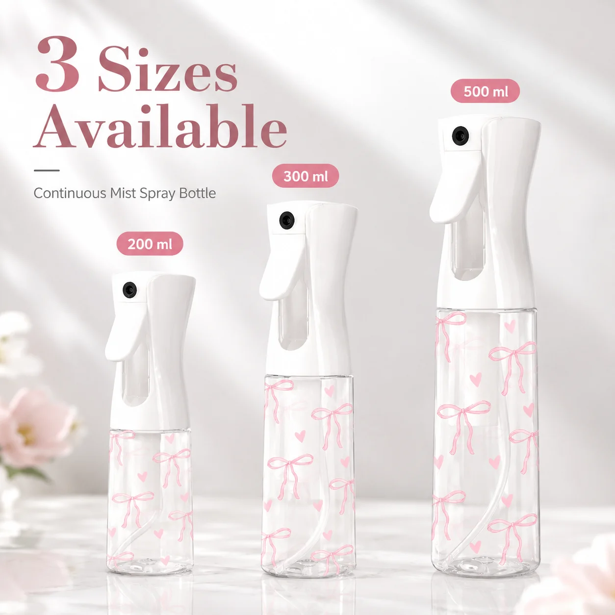 Flacon pulvérisateur à brume continue avec nœud mignon, vaporisateur rechargeable à fine brume pour cheveux, plantes, nettoyage, voyage, anti-fuite