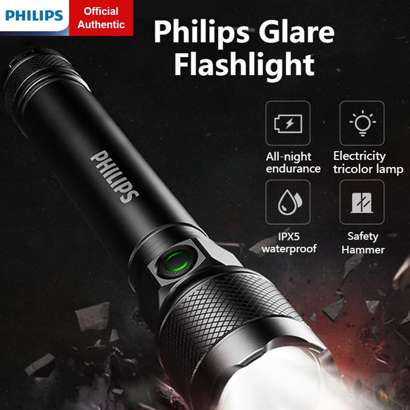 Philips SFL2188 Rechargeable Flashlights Stepless Dimming IPX5 Waterproof Mini Size Portable Self Defense Camping