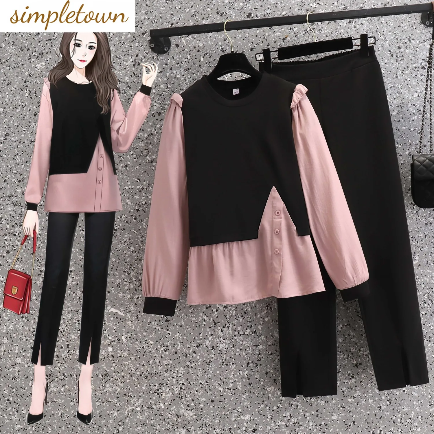 Asymmetric Splice Long Sleeve Chiffon Shirt Casual Pencil Pants Two Piece Elegant Women\'s Pants Set Summer Outfits