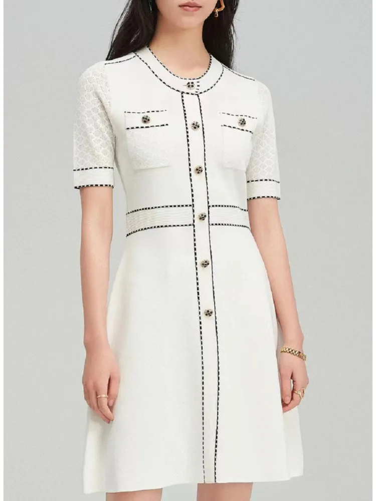 Summer French Elegant Temperament Slim Fit Show Knitted Dress Women O-Neck High Waist Short Sleeve Sweater Dresses Party Ladies