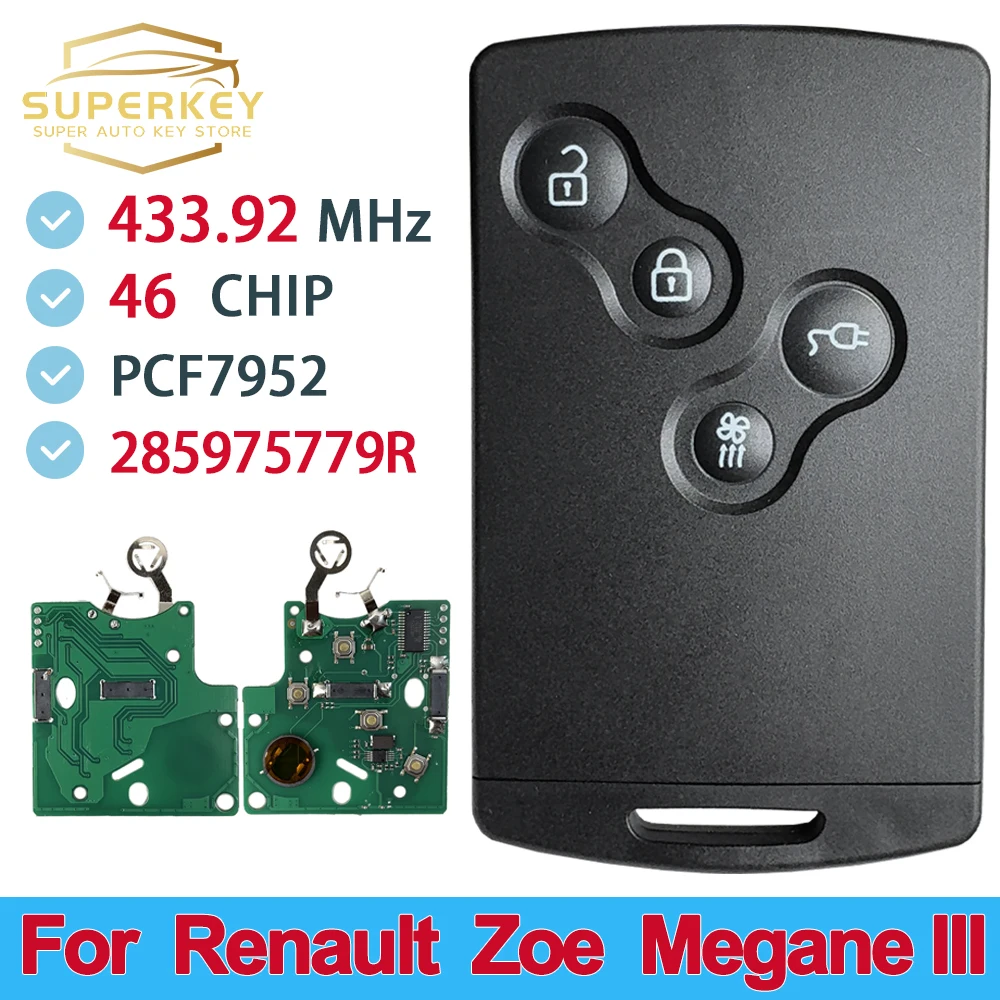 SUPERKEY For 2009-2015 Renault Zoe Megane III Fluence Laguna III Scenic 433MHz PCF7952A Hands Free Keyless Smart Card Car Key