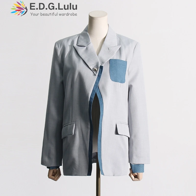 Edglulu feminino turn-down colarinho manga longa blazer nova moda design solto retalhos terno escritório senhoras casaco feminino jacket1212