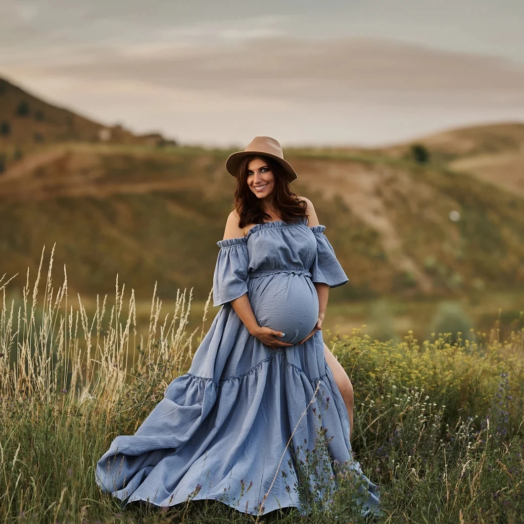 Cotton Boho Dress For Photography Comfortable Vintage  Maternity Outfit Clothing Short Sleeve Dress For Pregnancy Photo Shoot