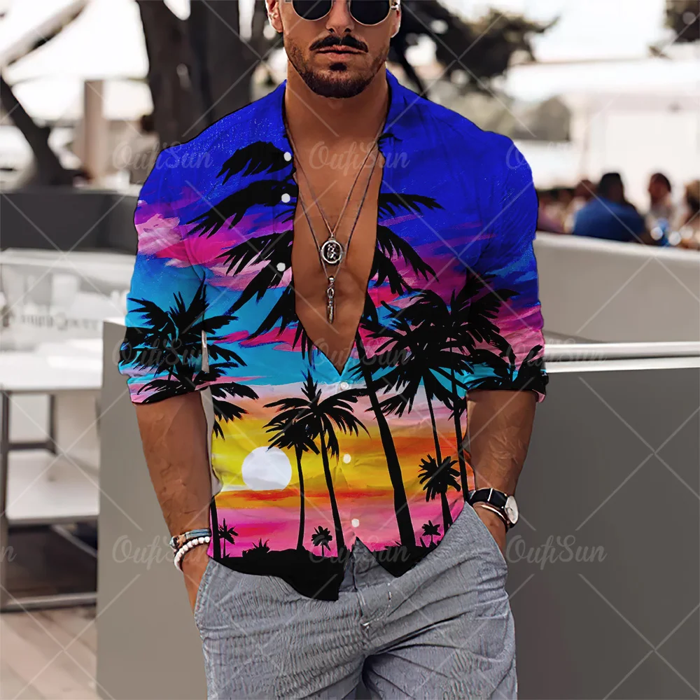 2022 3d Coconut Tree Print Hawaiian Shirts Streetwear New Male Clothes Loose Tops Shirt Men Men's Long Sleeve Shirts Lapel Shirt