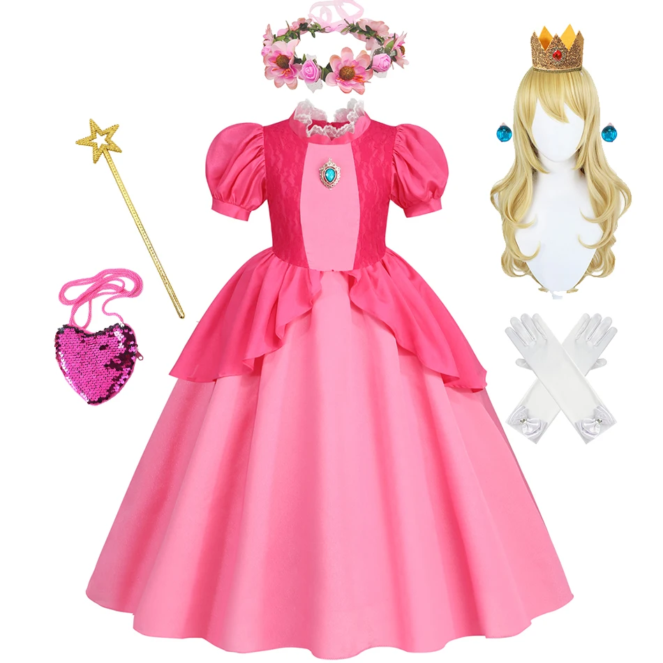 Girl Peach Princess Dress Summer Cartoon Movie Role Playing Costume Children Ceremonial Elegant Gowns Halloween Fantasy Outfits