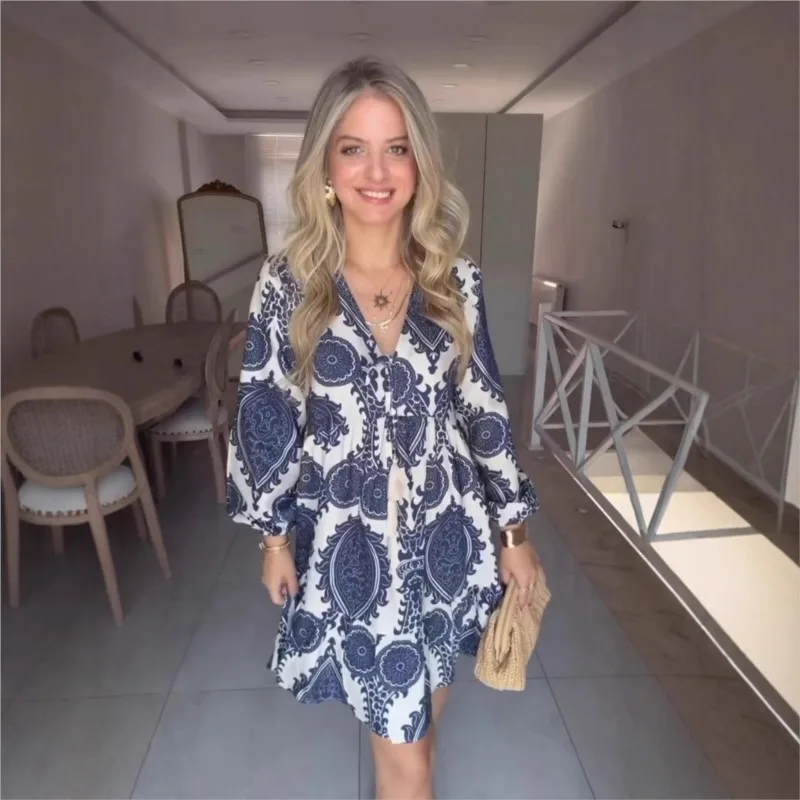 Elegante abito Boho a trapezio stampato retrò Donna Autunno scollo a V Tie-up Nappa Abiti da festa Autunno Elegante mini abito a maniche lunghe