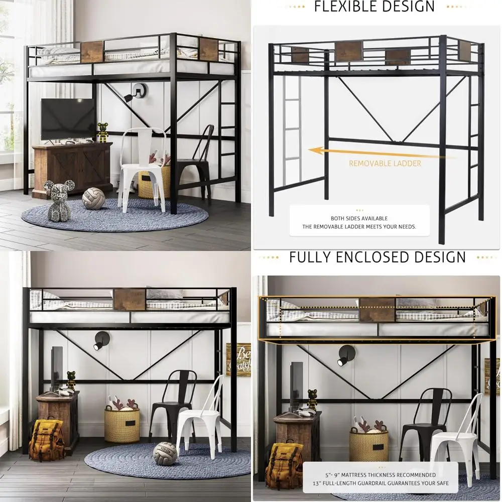 سرير علوي مزدوج الحجم مع سلم، حاجز حماية، نمط ريفي، شرائح معدنية، لا حاجة إلى صندوق زنبركي، تصميم موفر للمساحة #1