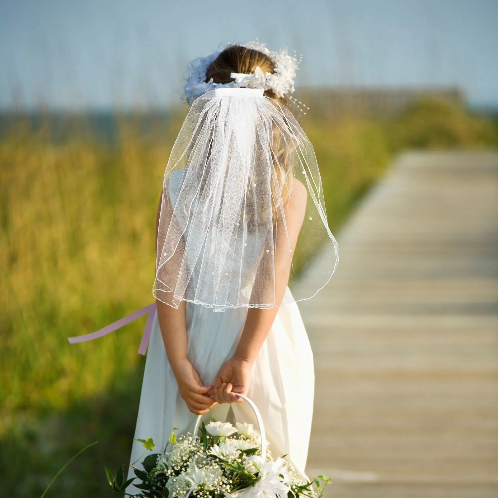 Women's Tulle Bridal Veil Pearl Wedding Veil with Hair Comb for Bride Flower Girl Wedding Party Photography (White)