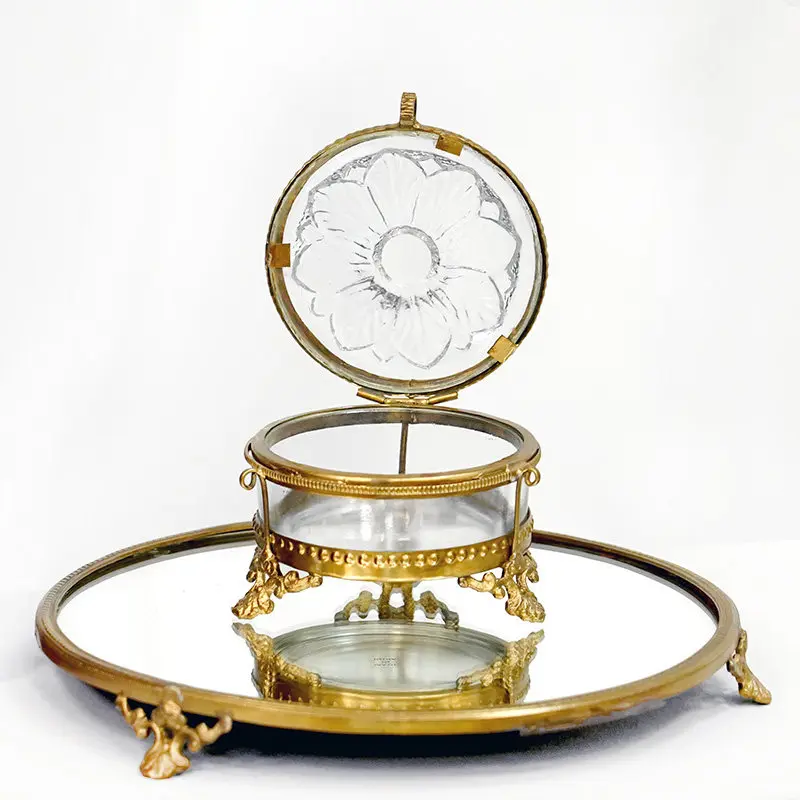 Brass Handmade Retro Copper Edge Glass Jewelry Box Small Storage Box Classical European Collection Decorative Storage