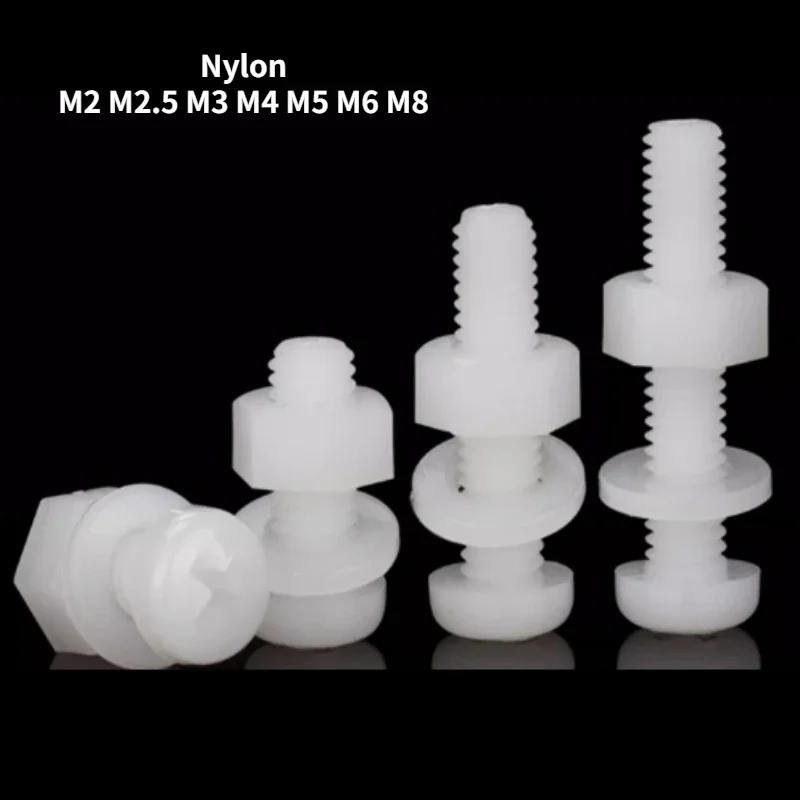 M2 M2.5 M3 M4 M5 M6 M8 Three-piece Combination White Nylon Screw Nut Washer Set Round Head Cross Bolt Plastic Insulated Screw