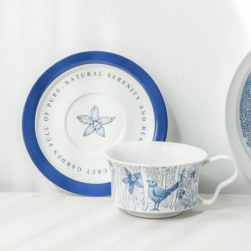 

Original Hand-painted Style, Matte Ceramic Coffee Cups and Saucers, Blue and White Exquisite Afternoon Teacups Mug