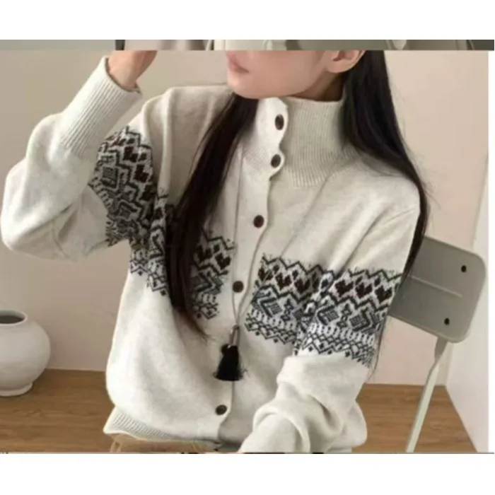 Damen Strickpullover Jaet Hoher Kragen Thiened Retro Farbe Blo Blumenstickerei Herbst Winter Faion Vielseitiges Top