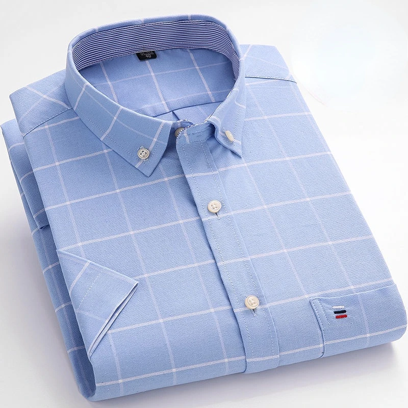 100% Cotton Men's Short Sleeve Oxford Shirt Summer Plaid Shirts Man Casual Comfortable Fashion Striped Shirts Plus Size 45 46 48