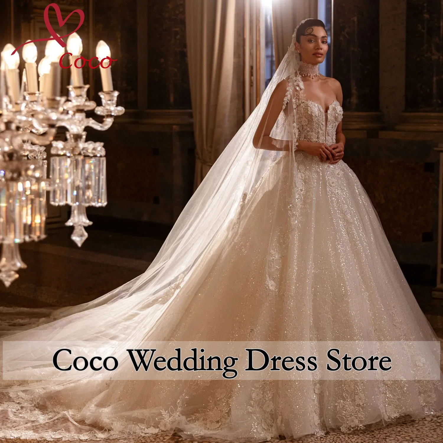 Customized Detachable  Long Sleeve Shawl Lace Up Back Full Beads Sequins Appliques 2 Pieces Shiny Ball Gown Wedding Dresses