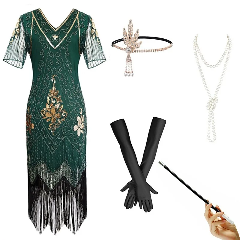 iny Sequin Dr Performance-kostuum 920s Retro plus size jurk midden taille polyester stof middellange rok