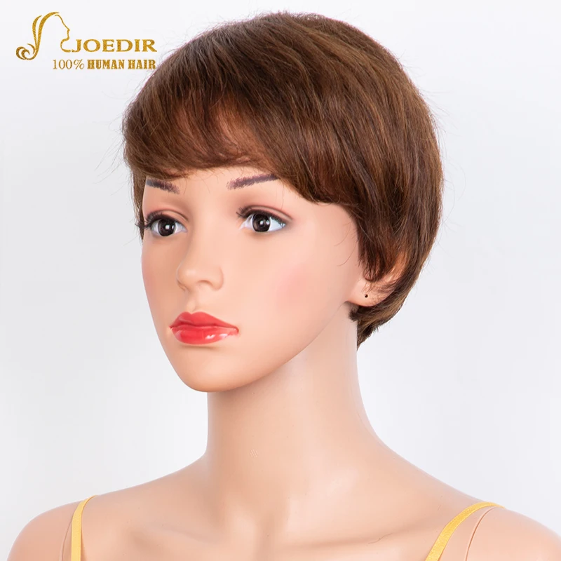 Joedir Wholesale Clearance Brown Color Short Wavy Bob Pixie Cut Full Machine Made Human Hair Wigs With Bangs For Black Women