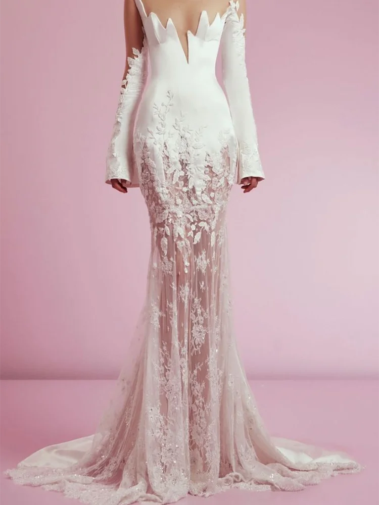 Elegant Irregular Collar Appliquins Full Sleeve Mermaid Bride Wedding Dresses Bridal Gowns Customized
