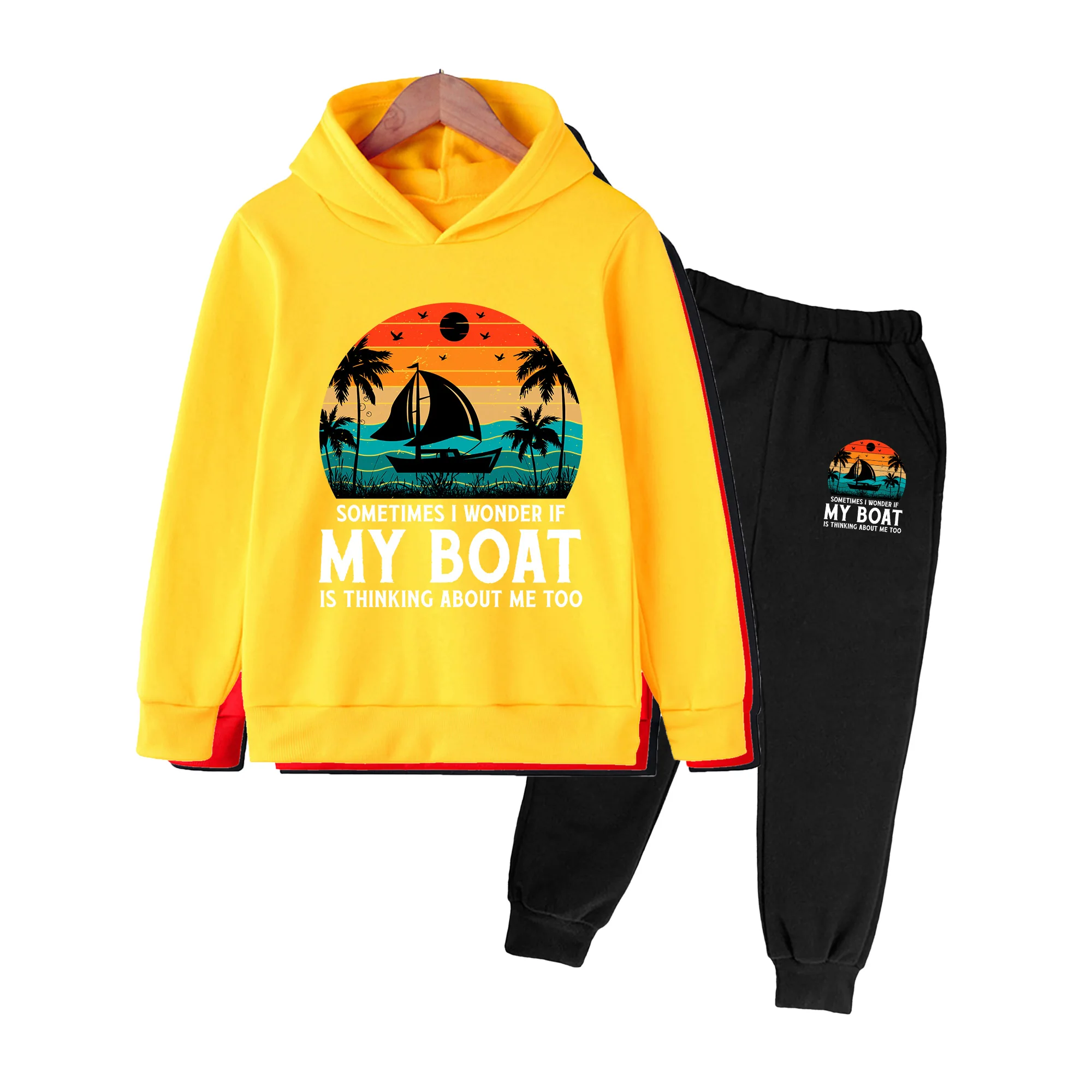 Kids Hoodie & Sweatpants Set, Retro Sailboat Sunset Print Tracksuit, Casual Outfit for Boys Girls Beach Daily Wear