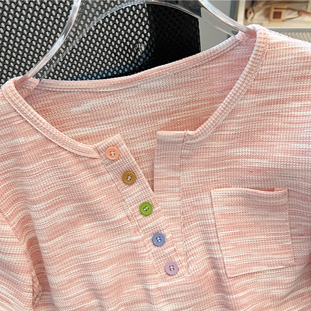 New 2025 Women Tee Shirt Striped Design Short Sleeve Casual Loose V Neck Pullover Elegant Lady Summer Cotton Base Top