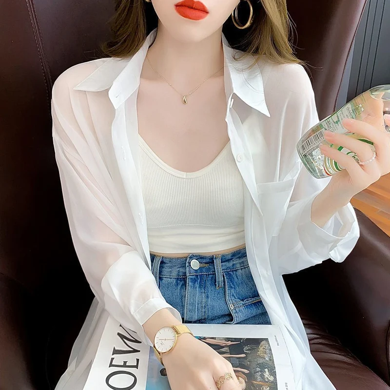 Summer Turn-down Collar Fashion Long Sleeve Shirt Women High Street Casual Solid Color Button Cardigan Elegant Thin Style Tops