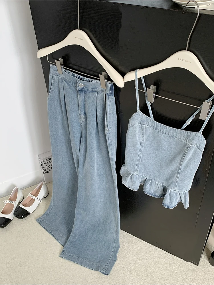 Summer Women Korean Fashion Denim Gyaru Outfits 2 Piece Pants Set Hot Ruffles Halter Top + Tide High Waisted Straight Long Jeans