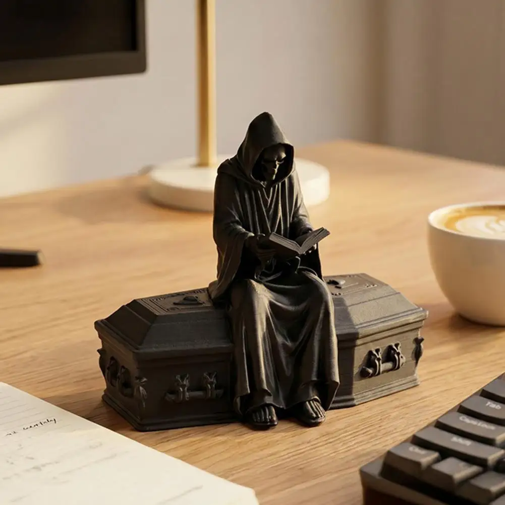 Home Decor 3d Printed Reading Skeleton Figurine Hooded Reader Statue Spooky Desktop Ornament for Home Office Bookshelf Decor