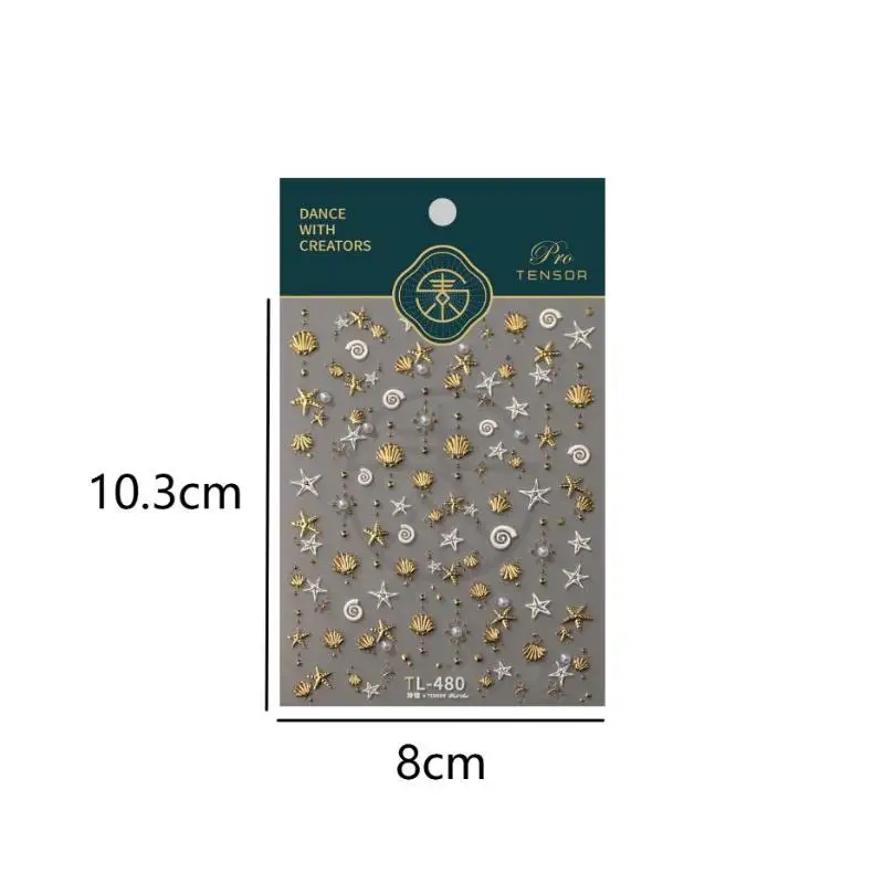 5D Embossed Self Adhesive Nail Decals Gold Stamped Starfish Pearl Conch Shell Pattern for Daily Home Manicure Use