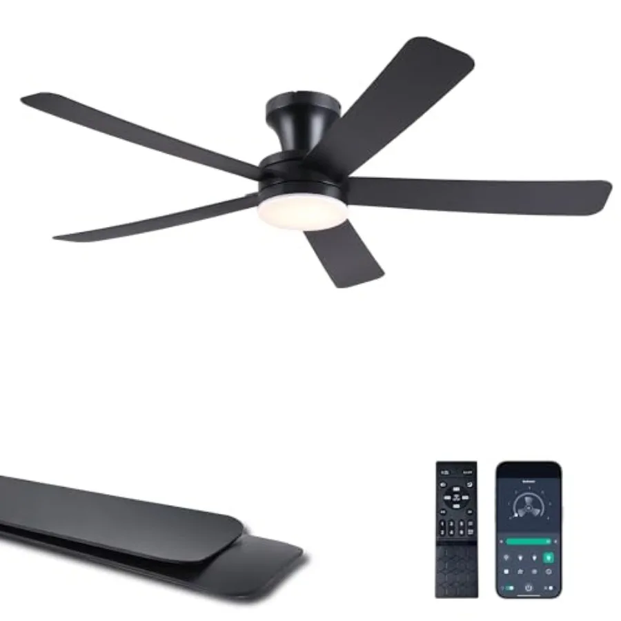 

46" Ceiling Fans with Lights and Remote - Black Flush Mount Ceiling Fan Light with ABS Blades and 3CCT Dimmable, Reversible, Lo