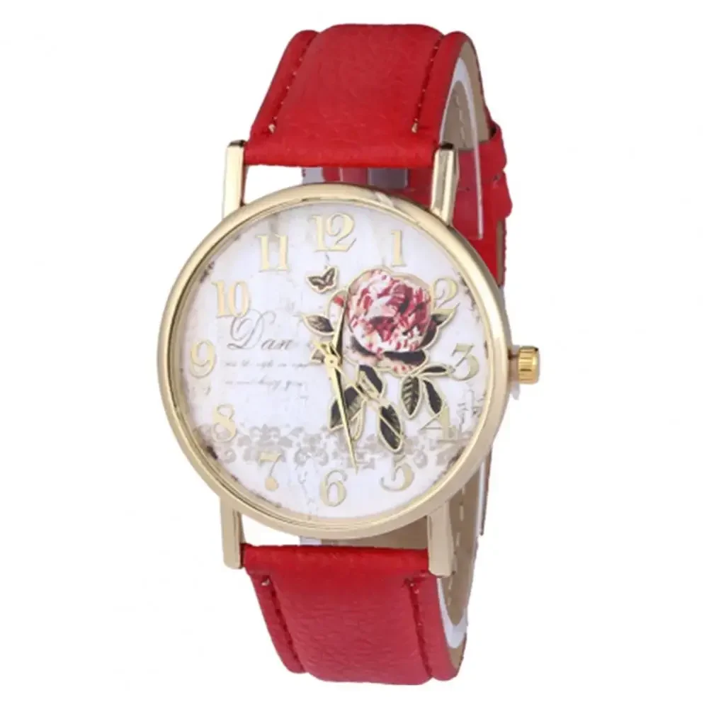 Rose Flower Round Dia Watch Women Elegant Watches Faux Leather Band Arabic Number Quartz Wristwatch Montre Femme Christmas Gift