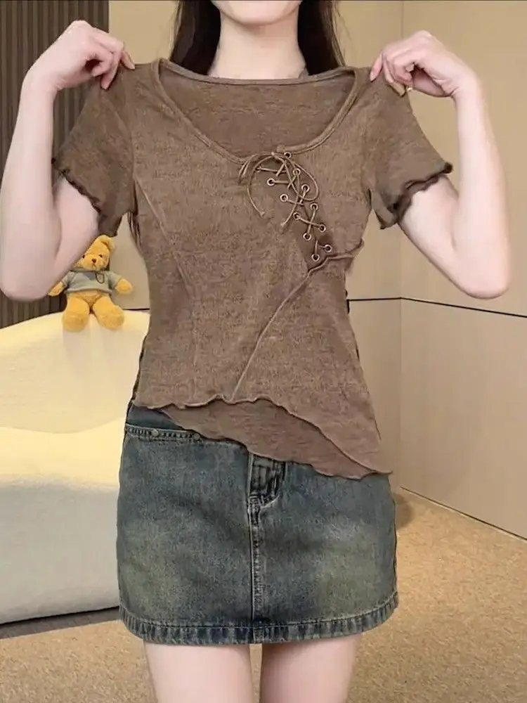 Fashionable Irregular Lace-up U-neck Short-sleeved T-shirt for Women 2025 Summer New Slim Slim Top