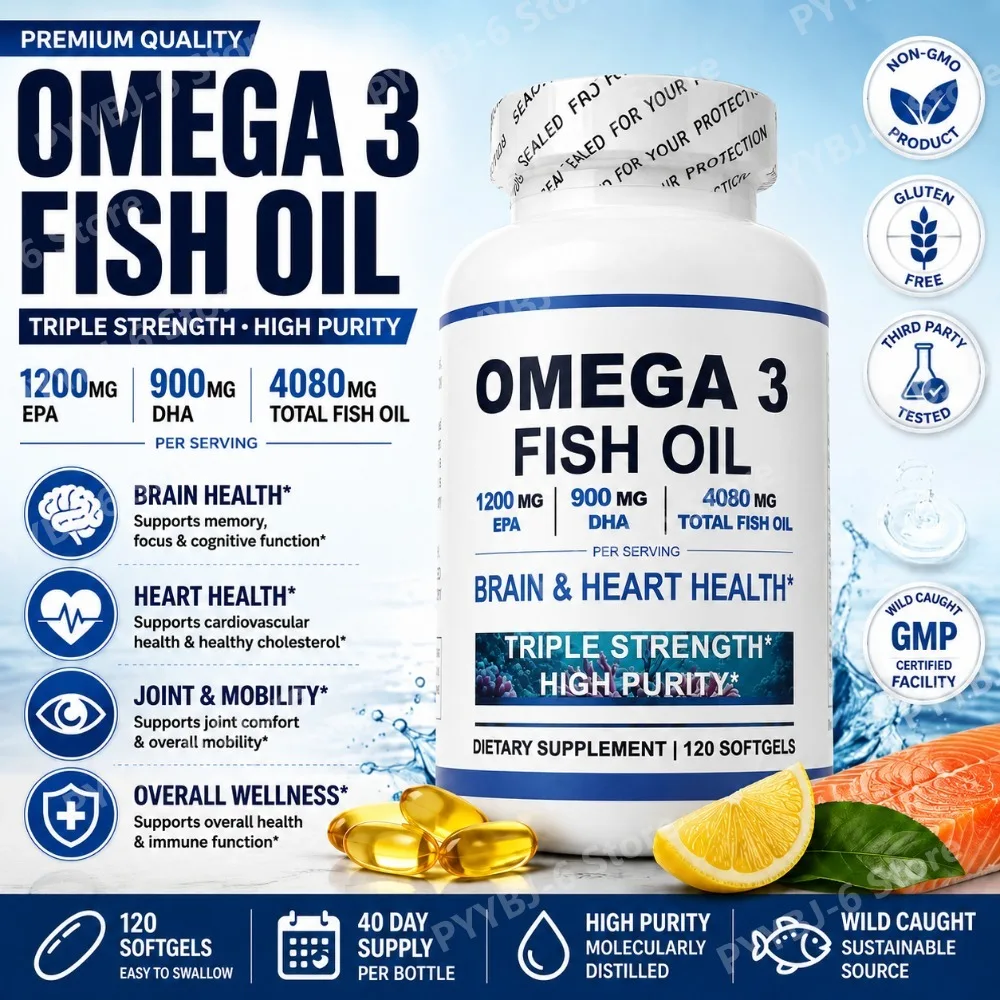 

Omega 3 Fish Oil 120 Softgels Non-GMO Supplement with EPA DHA Supports Heart Brain Cardiovascular Health Immune System for Adult