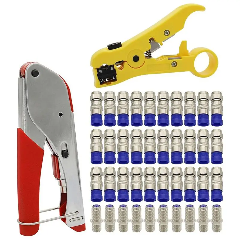 ABLL-Coax Cable Crimper And F RG6 Connectors 30Pcs F Male And 10Pcs Female To Female With Coaxial Compression Tool Kit