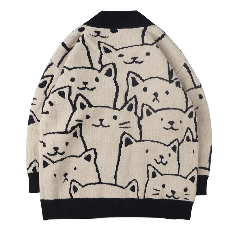 Harajuku Cartoon Cat Cardigan Sweater Men Streetwear Pattern College Knitwear Casual Knitted Japanese Knit Jacket Women Unisex