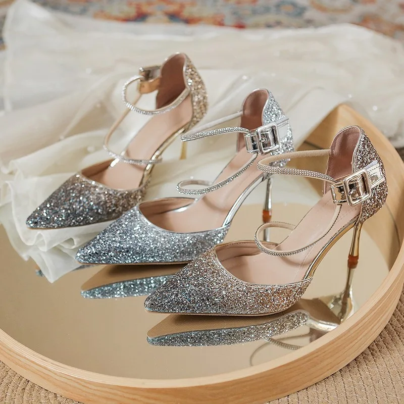 

Модные женские формальные босоножки на тонком высоком каблуке, летние женские роскошные повседневные сандалии с блестками и ремешком со стразами, элегантные женские сандалии