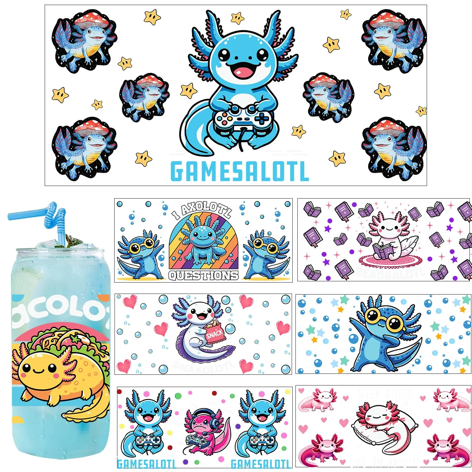 1/5pcs bundle Funny AXOLOTL Cartoon quotes UV DTF Transfer Sticker DIY Decals 3D transfers uvdtf stickers 16oz uv dtf cup wraps