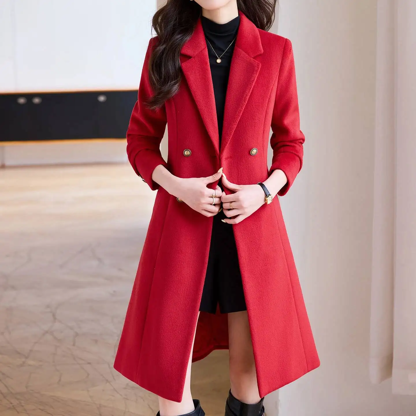 Formal Elegant Styles Women Woolen Winter Elegant Middle Long Windbreaker Professional Office Career Interview Outwear Tops