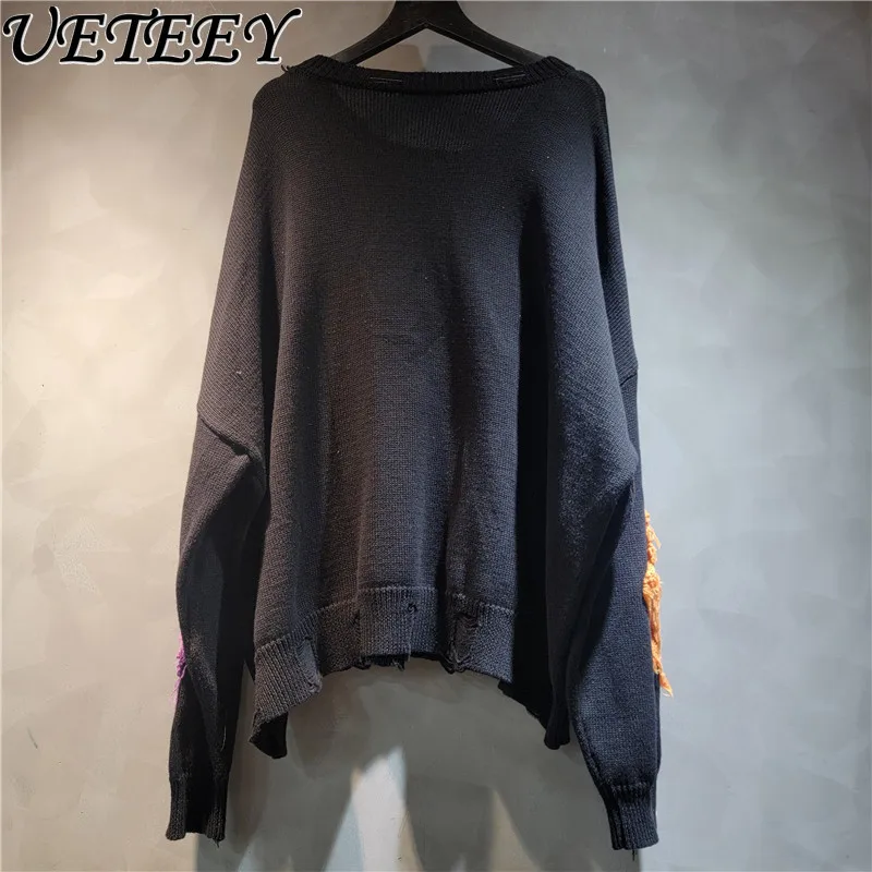 Street Trendy Personality Loose Contrasting Color Patch Round Neck Ripped Long Sleeve Sweater Women's Autumn Winter New Pullover