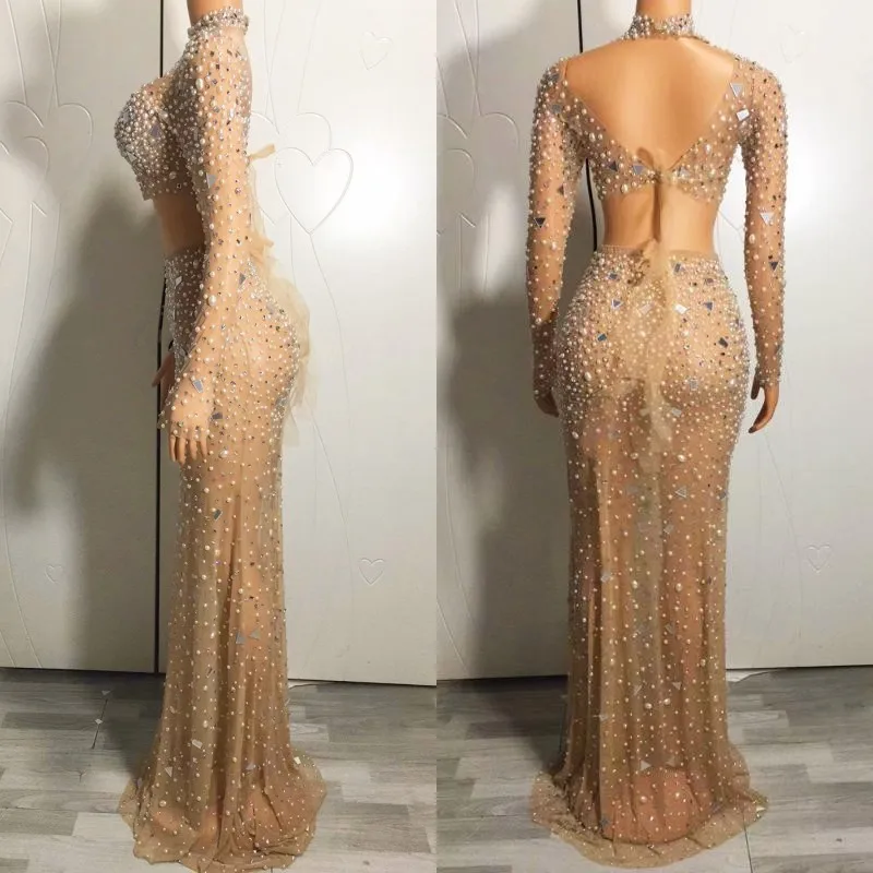 Robe Longue Fendue en Tissu pour Séance Photo, Tenue Sexy avec Perles et Strass Brillants