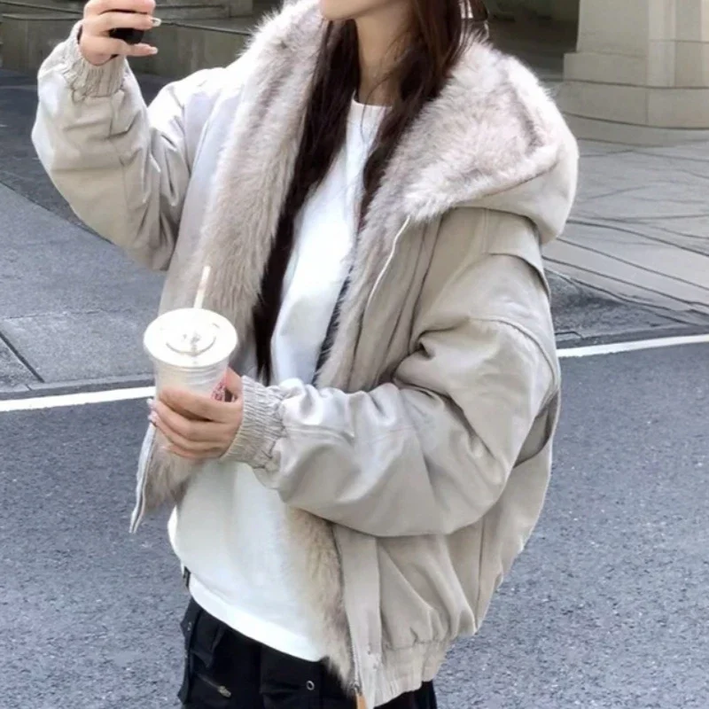 

2025 Mao Mao Jacket Retro Fur Collar Hooded Cotton Jacket Thickened Plush Cotton Coat