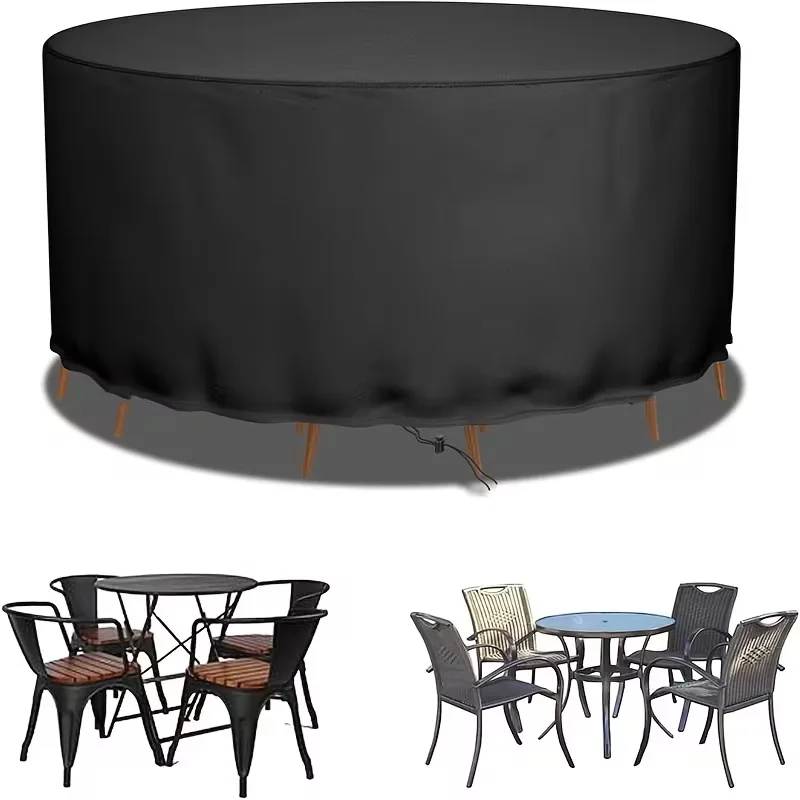 Cover for Round Patio Furniture, Including a Set for Tables And Chairs, Made from Black Oxford Fabric with a Drawstring Feature