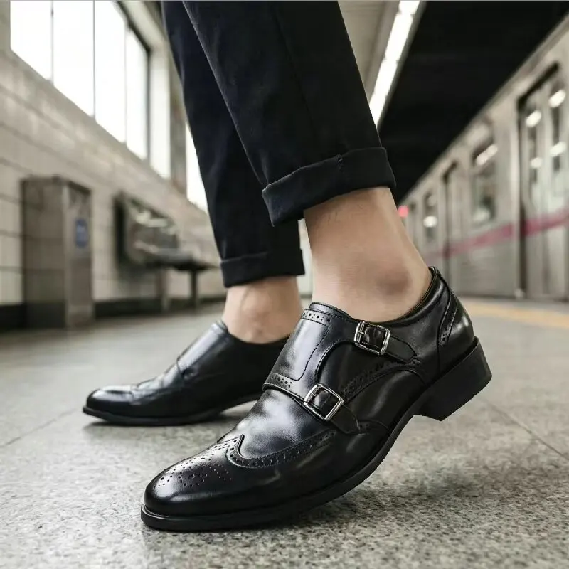 Men Retro Block Shoes PU Black Brown Luxurious Fashionable Buckle Leather Shoes Men Busines Office Brand Formal Shoes Size 38-46