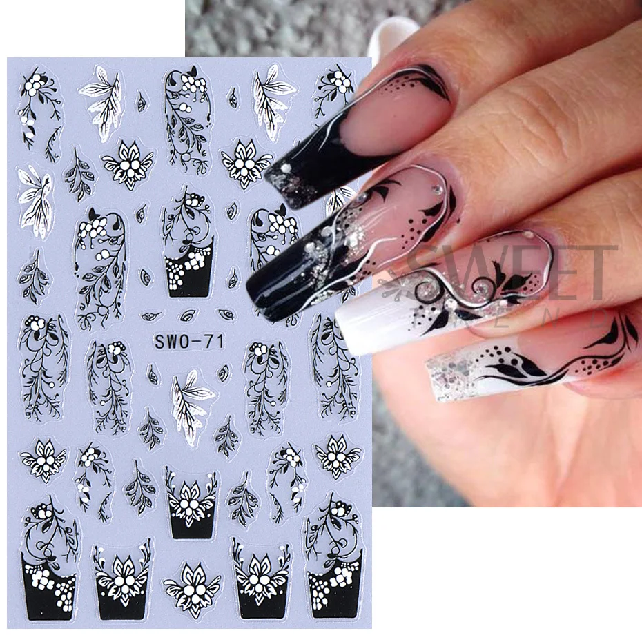 5D Lace Nail Sticker Black White Flower Floral Leaves French Line Manicure Design DIY Bohemian Gel Polish Slider Nail Decoration