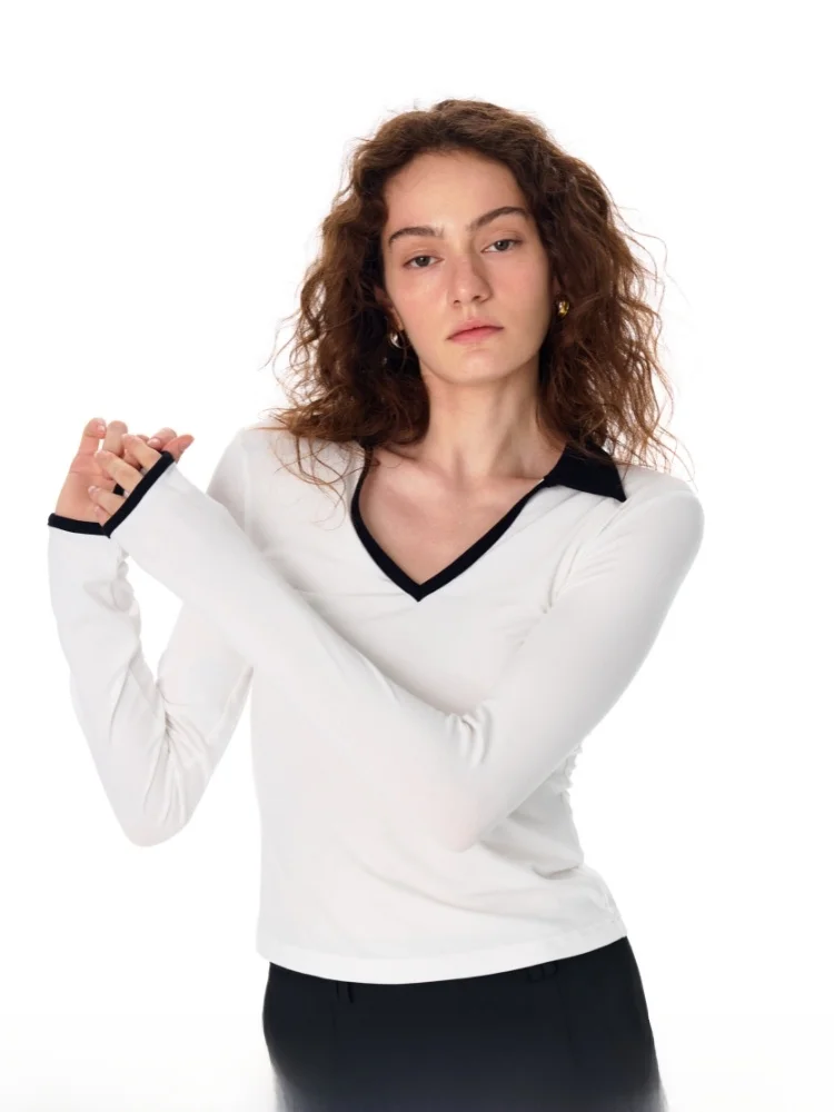 

Лаконичная длинная футболка Sve с цветовым воротником, белая женская базовая футболка And een, удобная футболка из смеси полиэстера