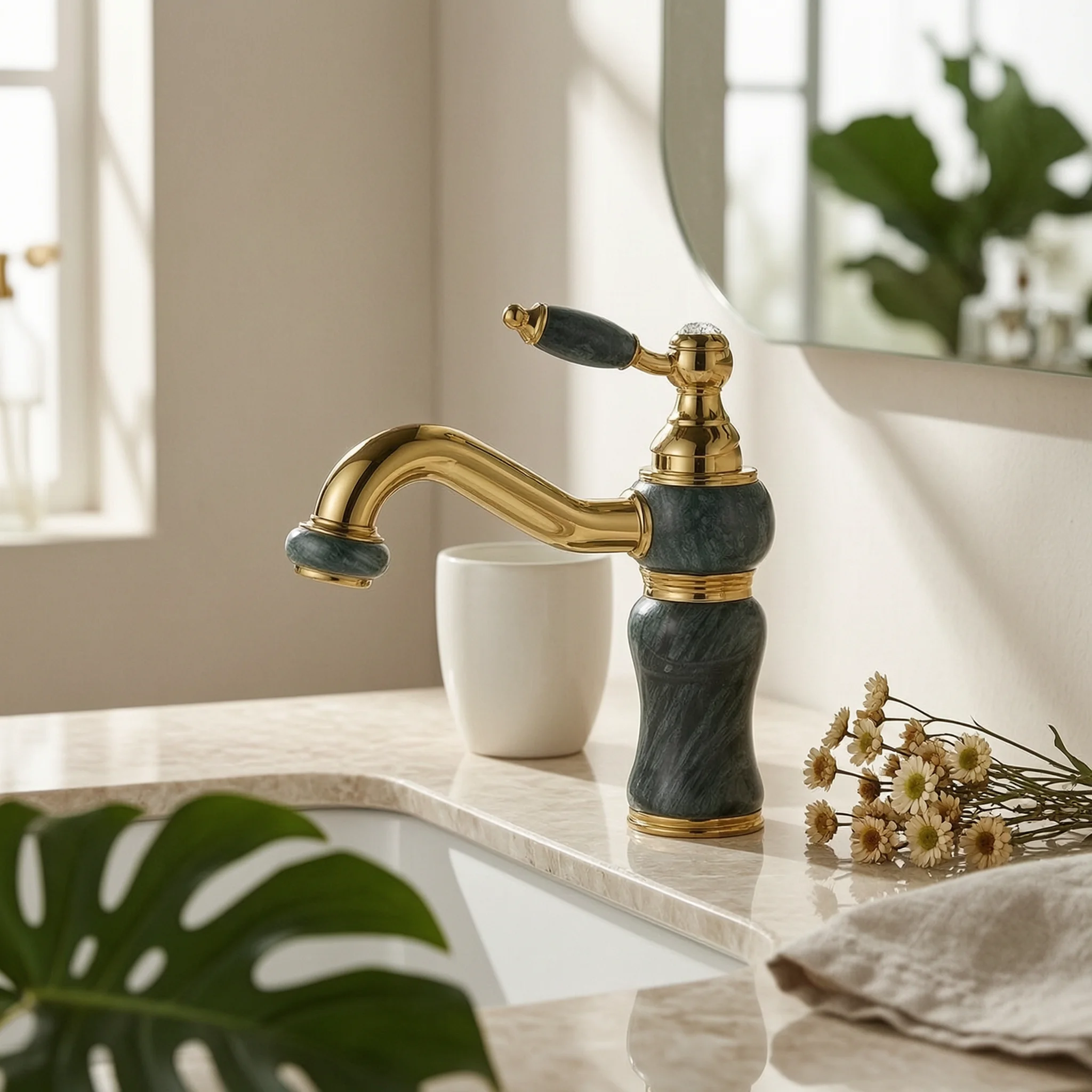 Faucet with Rotating Outlet Polished Gold Gooseneck Faucet Basin Tap Vintage Swivel for Bathroom, Powder Room