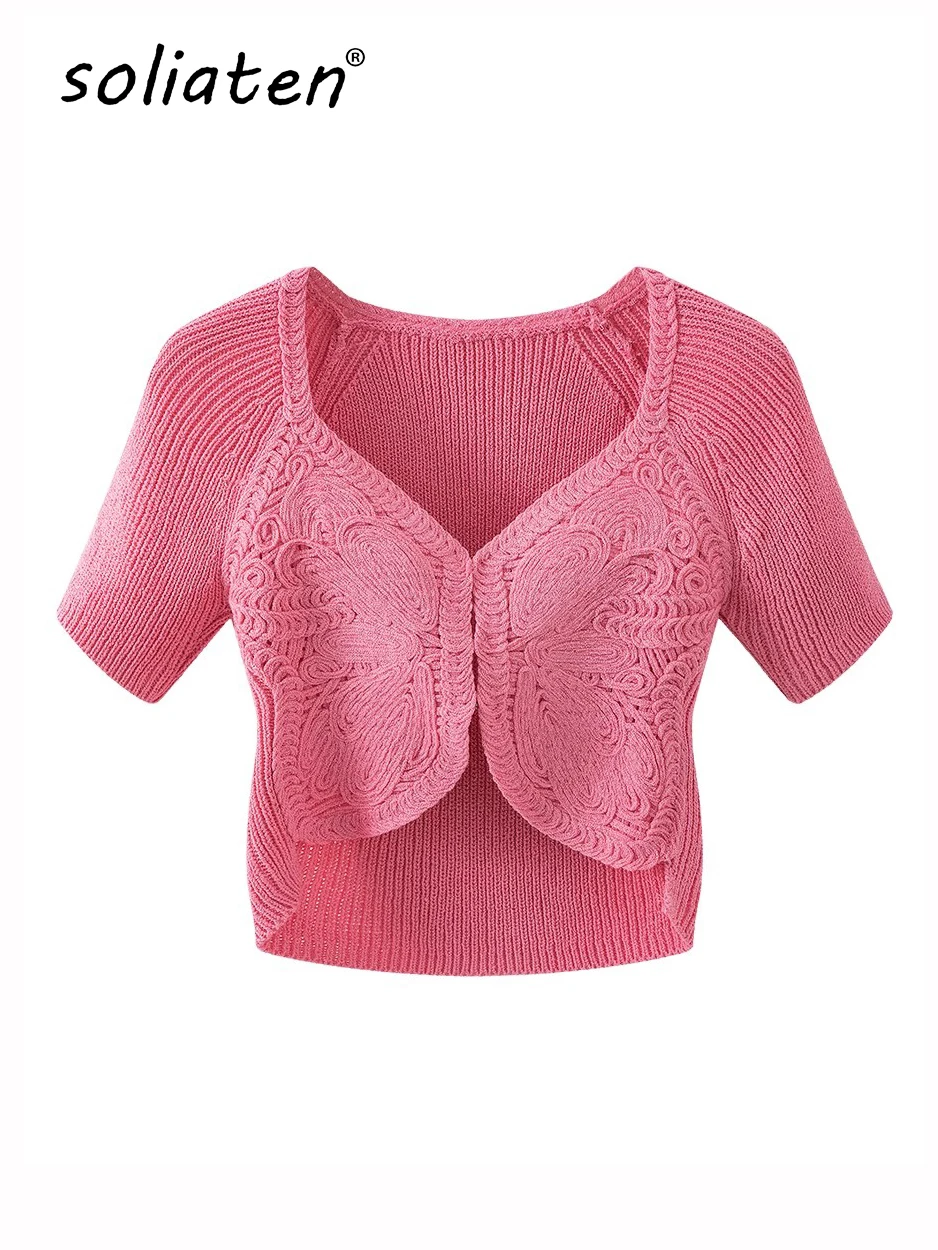 

Handmade Crop Cardigan Butterfly Design Ribbed Short Sleeve V neckline Pink Viscose Blend Slim fit Tops Camisole Tank Top C-128