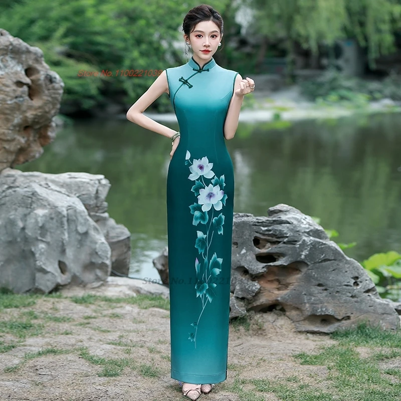 

2025 chinese traditional dress flower print sleeveless evening dress improved cheongsam qipao banquet formal stage dress qipao