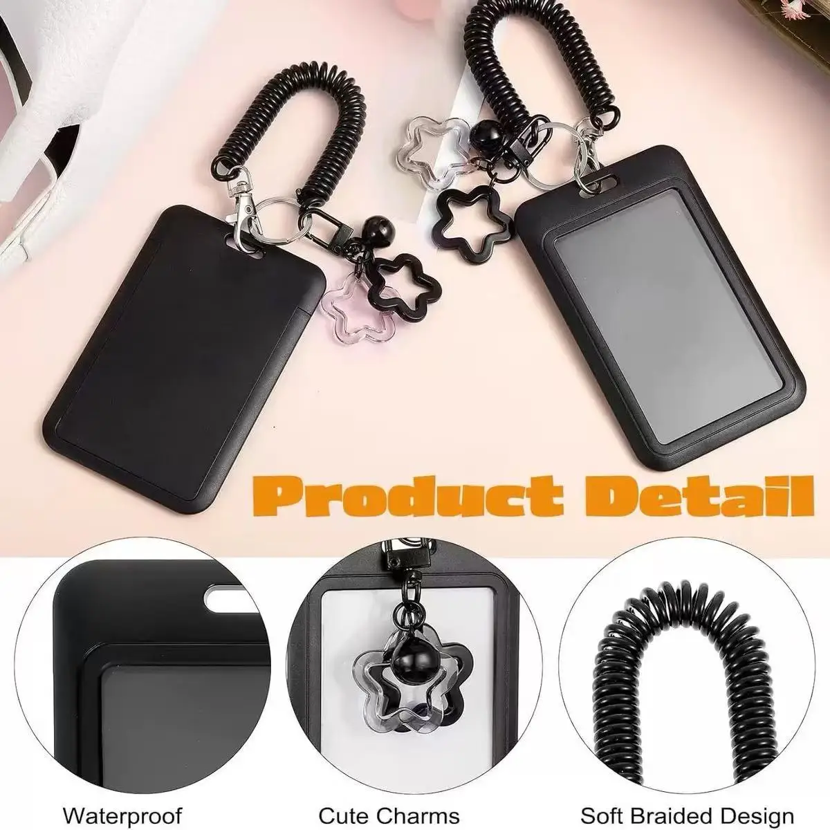 Colorful Plastic ID Card Holder Cute Keychain Wristlet Lanyard Star Retractable Spring Lanyard with ID card Holder Gifts image 2
