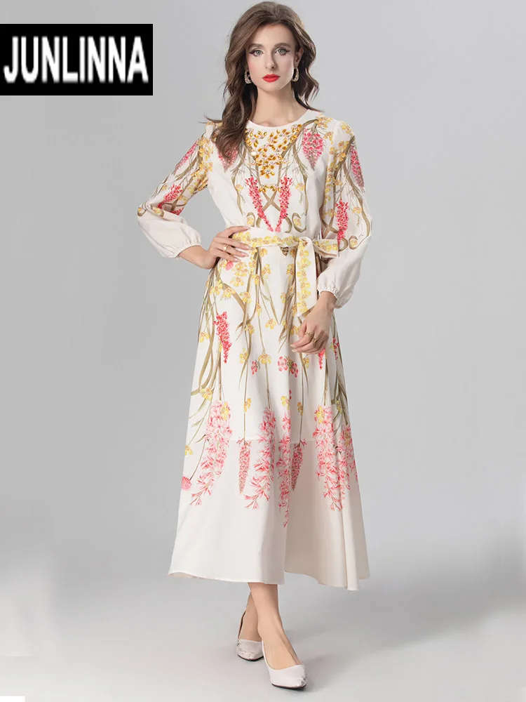 

JUNLINNA Fashion Flower Printing Dress Autumn Women O-Neck Long Sleeve Elegant Beading Party Holiday Vestidos Waist Sahes